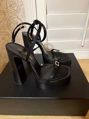 Saint Laurent Black Leather Platform Strappy Sandals with Gold Buckles Size 36